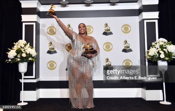 Lizzo, winner of Best Traditional R&B Performance for "Jerome," poses in the press room during the 62nd Annual GRAMMY Awards at STAPLES Center on...