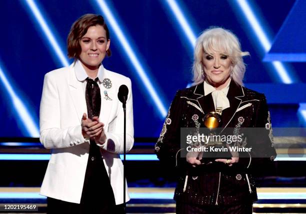 Brandi Carlile and Tanya Tucker accept the Best Comedy Album award on behalf of Dave Chappelle for 'Sticks & Stones' onstage during the 62nd Annual...