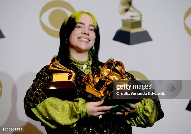 Billie Eilish poses in the press room during the 62nd Annual GRAMMY Awards at Staples Center on January 26, 2020 in Los Angeles, California.