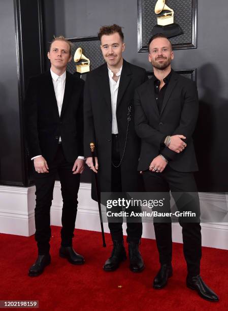 Tyrone Lindqvist, James Hunt and Jon George of Rüfüs Du Sol attend the 62nd Annual GRAMMY Awards at Staples Center on January 26, 2020 in Los...