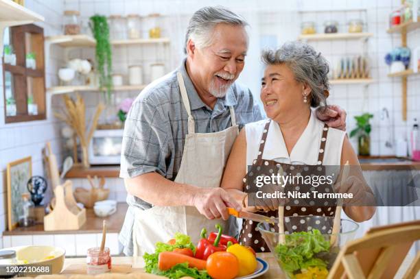 asian senior couple wearing apron preparing food in the kitchen. senior lovers spend time together concept. - asian senior couple stock pictures, royalty-free photos & images