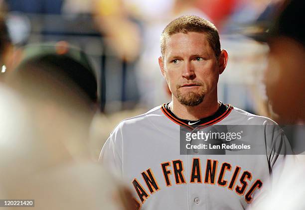 Aubrey Huff of the San Francisco Giants looks on against the Philadelphia Phillies at Citizens Bank Park on July 27, 2011 in Philadelphia,...