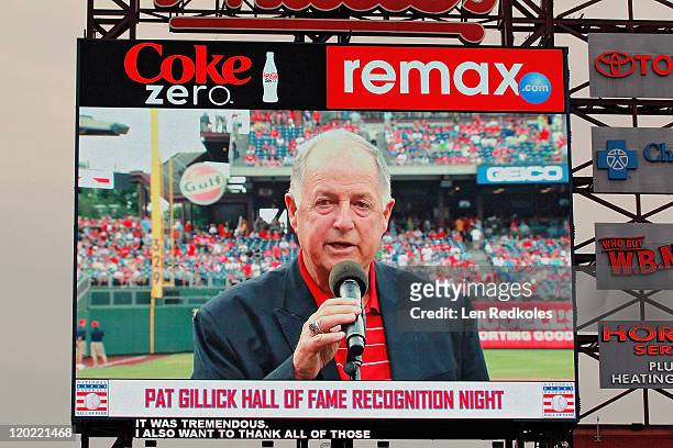 Former General Manager Pat Gillick of the Philadelphia Phillies is honored pregame for being inducted into the Baseball Hall of Fame prior to his...
