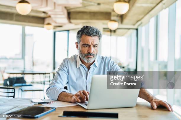 affärsman som använder bärbar dator i coworking office - concentration bildbanksfoton och bilder