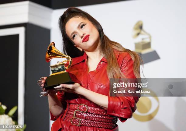 Rosalia poses with the award for Best Latin Rock, Urban or Alternative Album for "El Mal Querer" in the press room during the 62nd Annual GRAMMY...