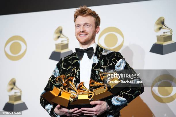 Finneas O'Connell poses with his awards in the press room during the 62nd Annual GRAMMY Awards at Staples Center on January 26, 2020 in Los Angeles,...
