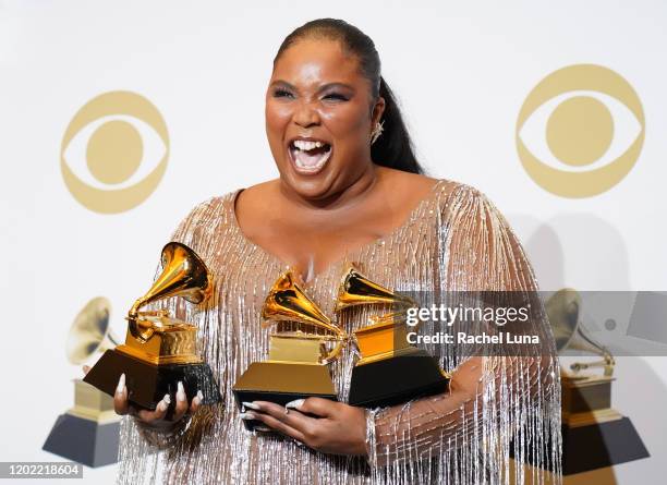 Lizzo, winner of Best Pop Solo Performance, Best Traditional R&B Performance and Best Urban Contemporary Album, poses in the press room during the...