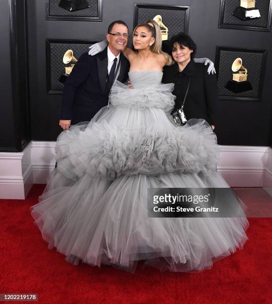 Joan Grande, Ariana Grande and Edward Butera arrive at the 62nd Annual GRAMMY Awards at Staples Center on January 26, 2020 in Los Angeles, California.