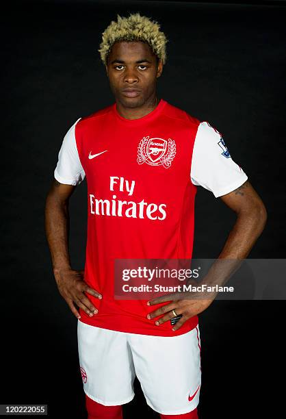 Alex Song of Arsenal FC poses in the Arsenal home kit for the 2011/2012 season at their London Colney training ground on April 8, 2011 in St. Albans,...