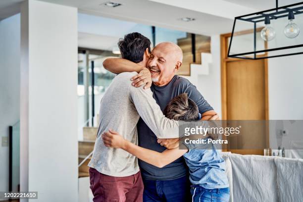 gelukkige familie van de multi-generatie die thuis omhelst - zoon stockfoto's en -beelden