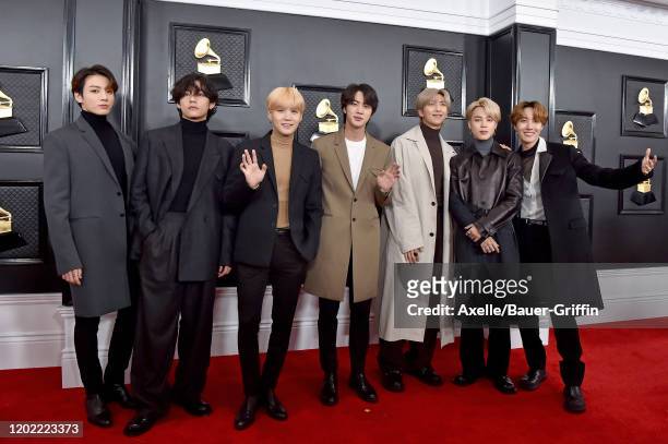 Jungkook, V, Suga, Jin, RM, Jimin and J-Hope of music group BTS attend the 62nd Annual GRAMMY Awards at Staples Center on January 26, 2020 in Los...