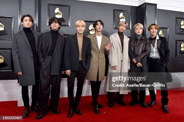 Jungkook, V, Suga, Jin, RM, Jimin and J-Hope of music group BTS attend the 62nd Annual GRAMMY Awards at Staples Center on January 26, 2020 in Los...