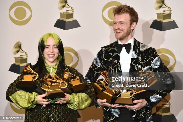 Billie Eilish and Finneas O'Connell attend the 62nd Annual Grammy Awards - Press Room at Staples Center on January 26, 2020 in Los Angeles,...