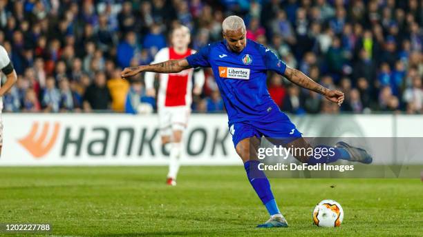 Deyverson of Getafe CF controls the ball during the UEFA Europa League round of 32 first leg match between Getafe CF and AFC Ajax at Coliseum Alfonso...