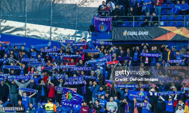 Supporters of Getafe CF gestures during the UEFA Europa League round of 32 first leg match between Getafe CF and AFC Ajax at Coliseum Alfonso Perez...