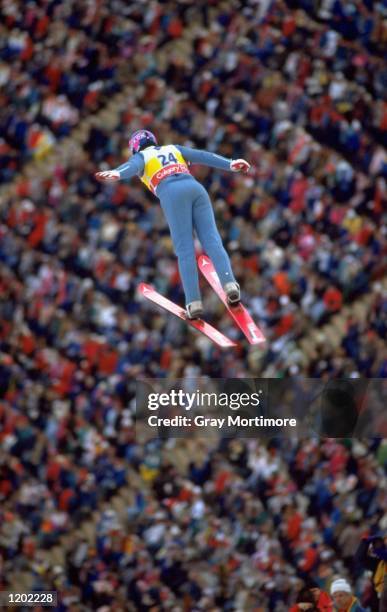 Eddie Edwards of Great Britain in action during the 70 metres Ski Jump event at the 1988 Winter Olympic Games in Calgary, Canada. \ Mandatory Credit:...