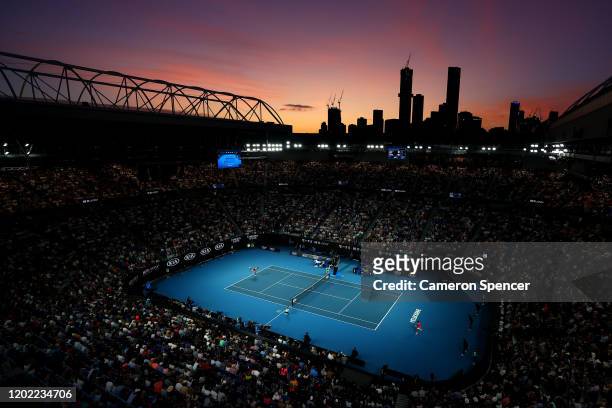 General view inside Rod Laver Arena during the Men's Singles fourth round match between Nick Kyrgios of Australia and Rafael Nadal of Spain on day...