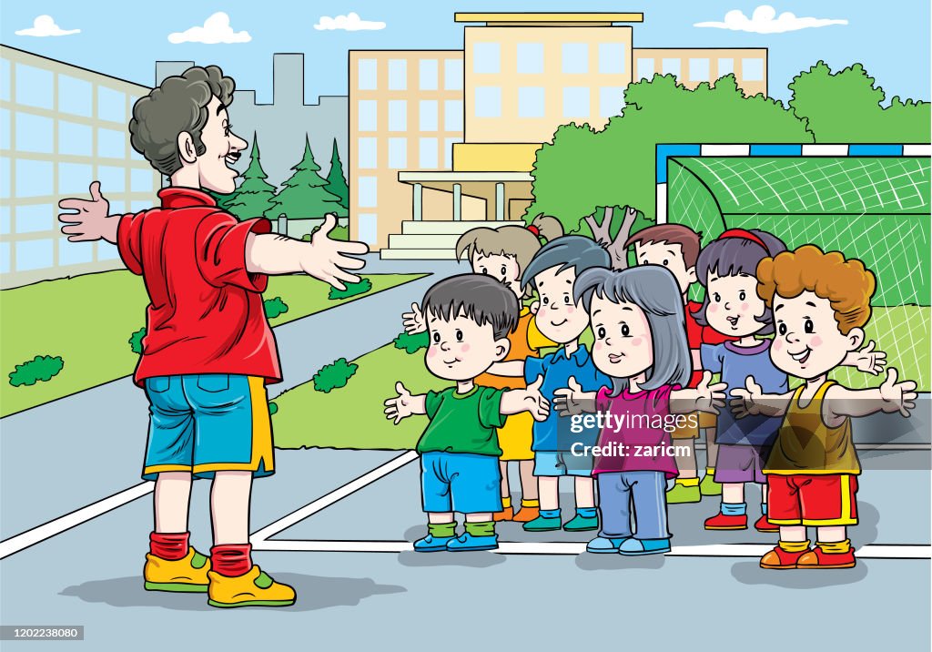 Niños Y Maestros En Educación Física Ilustración de stock - Getty Images