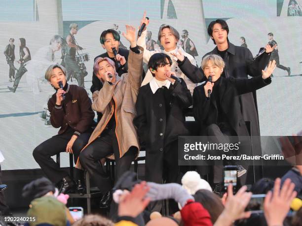 Jin, Suga, J-Hope, RM, Jimin, V and Jungkook of K-Pop band BTS are seen during an interview at the 'Today' Show on February 21, 2020 in New York City.