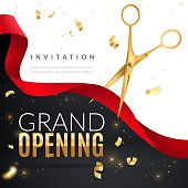 Grand opening. Golden confetti and scissors cutting red silk ribbon, inauguration ceremony banner, opening celebration vector poster