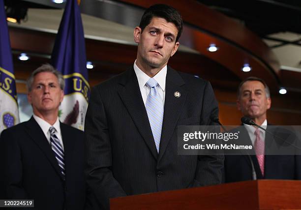 Rep. Paul Ryan speaks during a news conference on the debt limit impasse as U.S. Speaker of the House John Boehner and Republican Whip Kevin McCarthy...