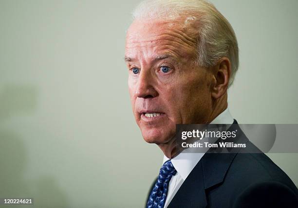 Vice President Joe Biden talks to reporters in the Capitol Visitor Center after a meeting with the House Democratic caucus on the ongoing debt...