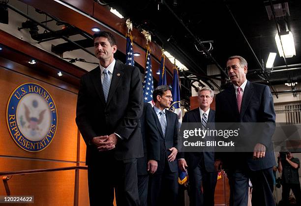 From left, House Budget Committee chairman Paul Ryan, R-Wisc., House Majority Leader Eric Cantor, R-Va., House Majority Whip Kevin McCarthy,...