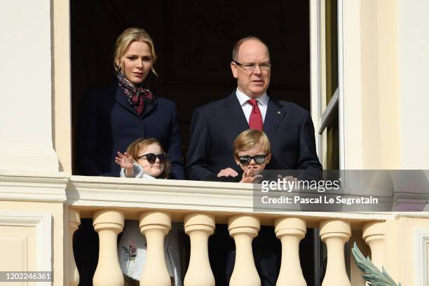 Princess Charlene of Monaco and Prince Albert II of Monaco with their children Princess Gabriella of Monaco and Prince Jacques of Monaco greet the...