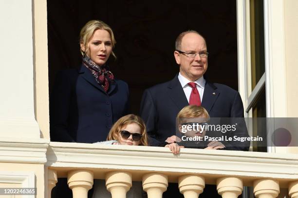 Princess Charlene of Monaco and Prince Albert II of Monaco with their children Princess Gabriella of Monaco and Prince Jacques of Monaco greet the...