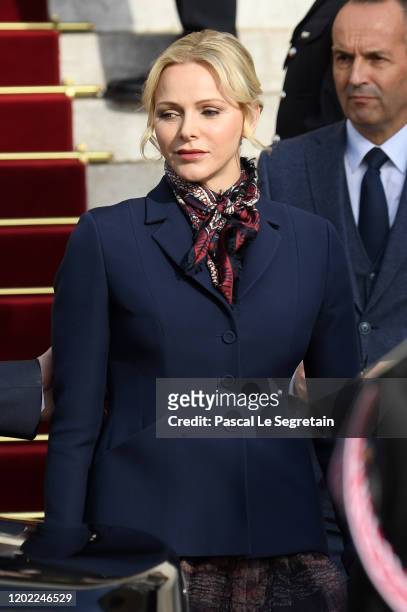 Princess Charlene of Monaco leaves at a mass during the Sainte Devote Ceremony. Sainte devote is the patron saint of The Principality Of Monaco and...