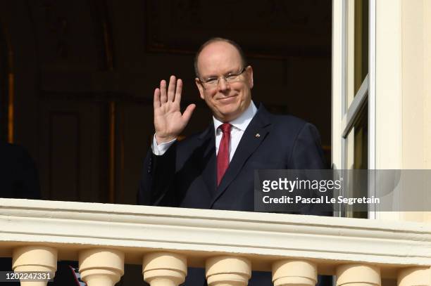 Prince Albert II of Monaco greets the crowd from the palace balcony during the Sainte Devote Ceremony. Sainte devote is the patron saint of The...