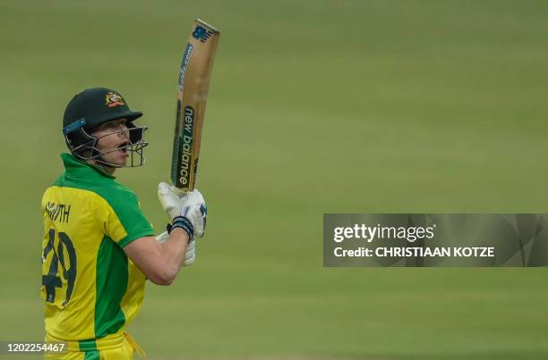 Australia's Steven Smith reacts during the first T20 international cricket match between South Africa and Australia at The Wanderers Stadium in...