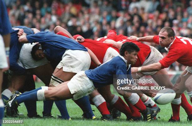 Western Samoa scrum half Matthew Vaea plays the ball from the scrum under the sight of Wales flanker Martyn Stuart Morris at Arms Park stadium, 06...