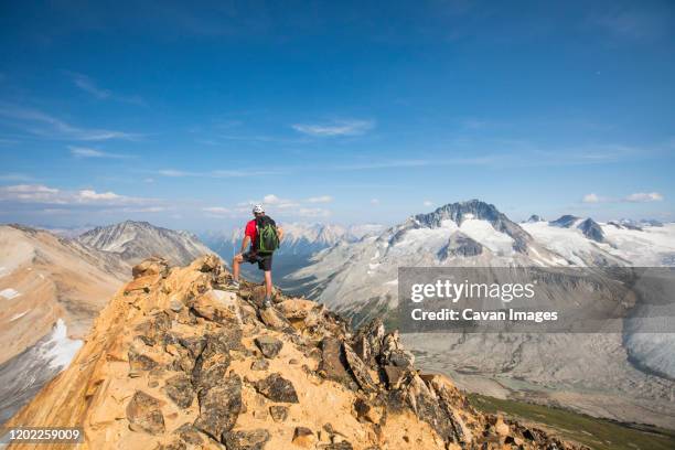 rear view of hiker on mountain summit. - vancouver canada 2019 stock pictures, royalty-free photos & images