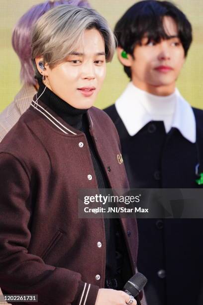 Jimin and Kim Tae-hyung are seen on February 21, 2020 in New York City.