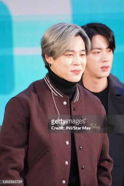 Jimin and Kim Seok-jin are seen on February 21, 2020 in New York City.