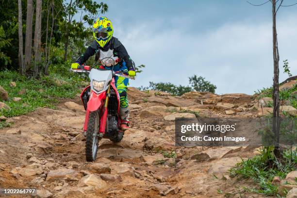 woman on off road bike riding down a rough trail - google ventures stock pictures, royalty-free photos & images