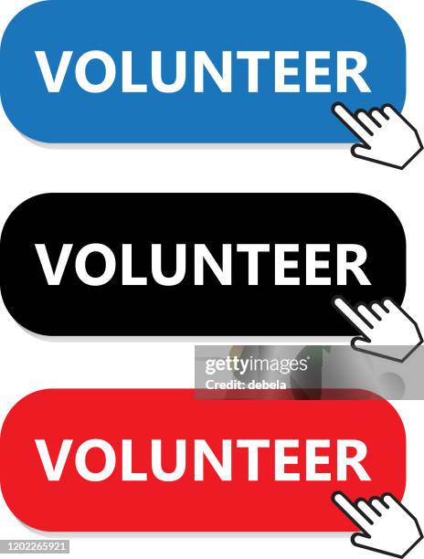 volunteer button collection with hand pointer - volunteer stock illustrations