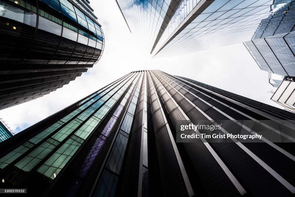 Directly Below Shot Of Modern Skyscrapers in the City of London's Financial District. London. UK