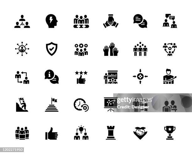 ilustraciones, imágenes clip art, dibujos animados e iconos de stock de conjunto simple de iconos vectoriales relacionados con el trabajo en equipo. colección de símbolos - spur