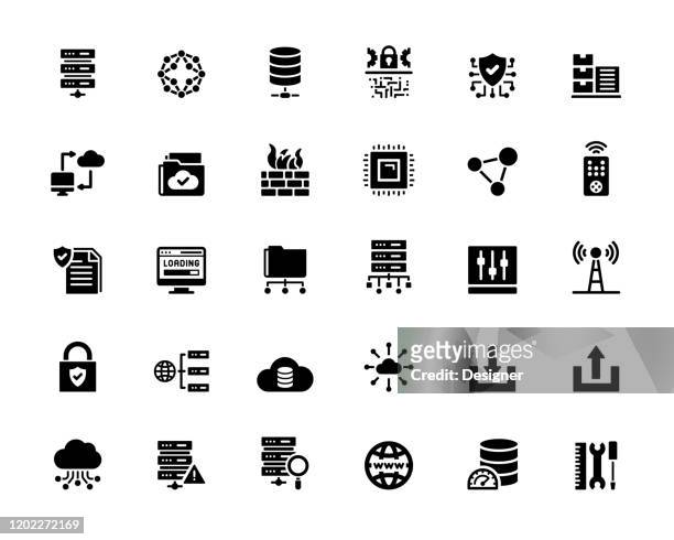 illustrazioni stock, clip art, cartoni animati e icone di tendenza di set semplice di icone vettoriali correlate all'hosting web. collezione symbol - centro elaborazione dati