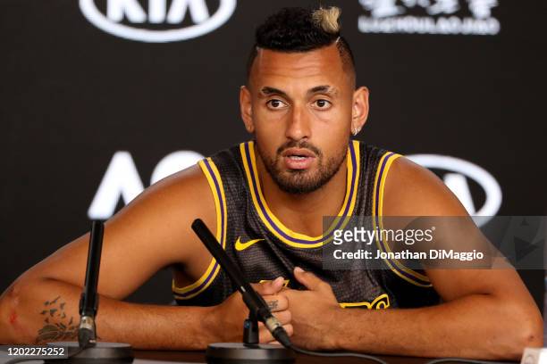 Nick Kyrgios of Australia speaks at his post match press conference on day eight of the 2020 Australian Open at Melbourne Park on January 27, 2020 in...