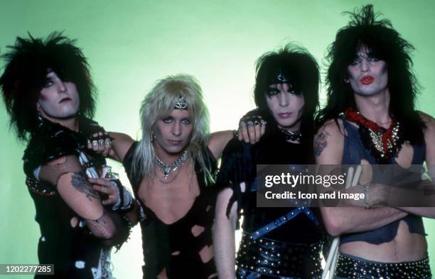 Bassist Nikki Sixx, lead singer Vince Neil, lead guitarist Mick Mars and drummer Tommy Lee of the American hard rock band Motley Crue pose for a...