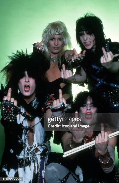 Bassist Nikki Sixx, lead singer Vince Neil, lead guitarist Mick Mars and drummer Tommy Lee of the American hard rock band Motley Crue pose for a...