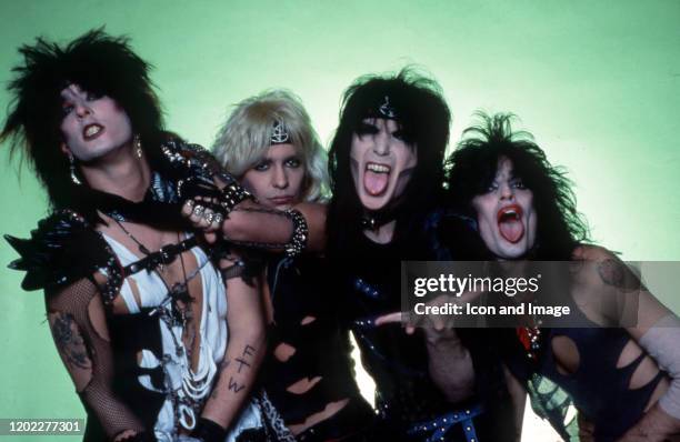 Bassist Nikki Sixx, lead singer Vince Neil, lead guitarist Mick Mars and drummer Tommy Lee of the American hard rock band Motley Crue pose for a...