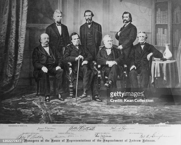 Group portrait of the members of the House impeachment committee during proceedings against President Andrew Johnson, Washington DC, March Below is...