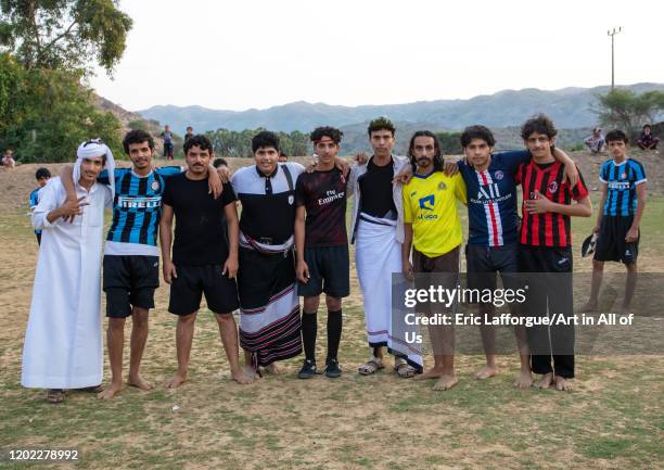 Saudi young men playing football, Jizan province, Alaydabi, Saudi Arabia on December 30, 2019 in Alaydabi, Saudi Arabia.