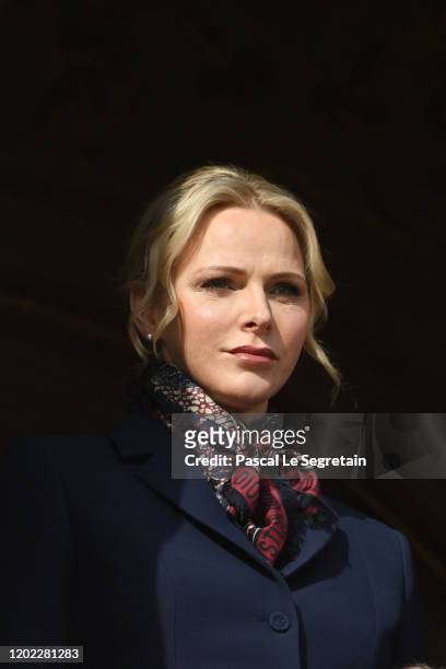 Princess Charlene of Monaco greets the crowd from the palace balcony during the Sainte Devote Ceremony. Sainte devote is the patron saint of The...