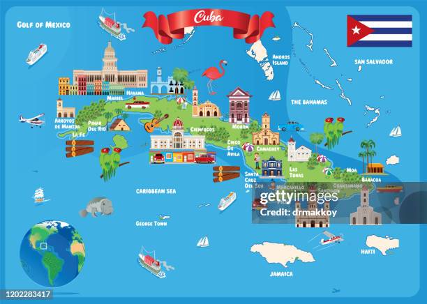 illustrations, cliparts, dessins animés et icônes de cuba travel map, la havane, santiago de cuba, camaguey, holguin, santa clara, guantanamo, bayamo, las tunas, cienfuegos, pinar del rio, matanzas, ciego de avila, sancti spiritus, manzanillo, cardenas, palma soriano, moa, - la havane