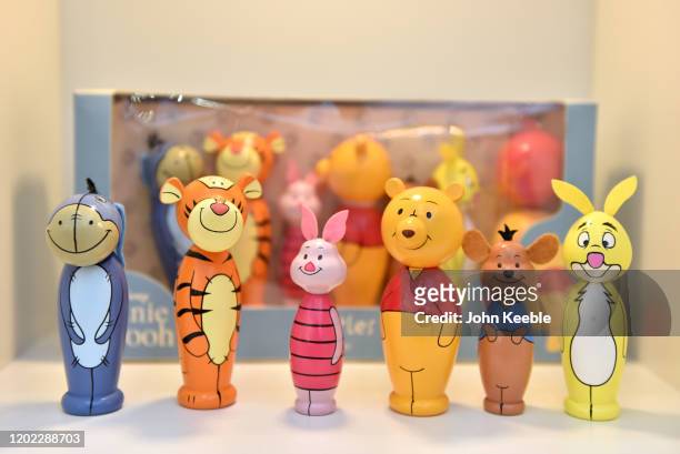 Winnie the Pooh wooden skittles set by Orange Tree Toys on display during the Toy Fair at Olympia London on January 21, 2020 in London, England. The...